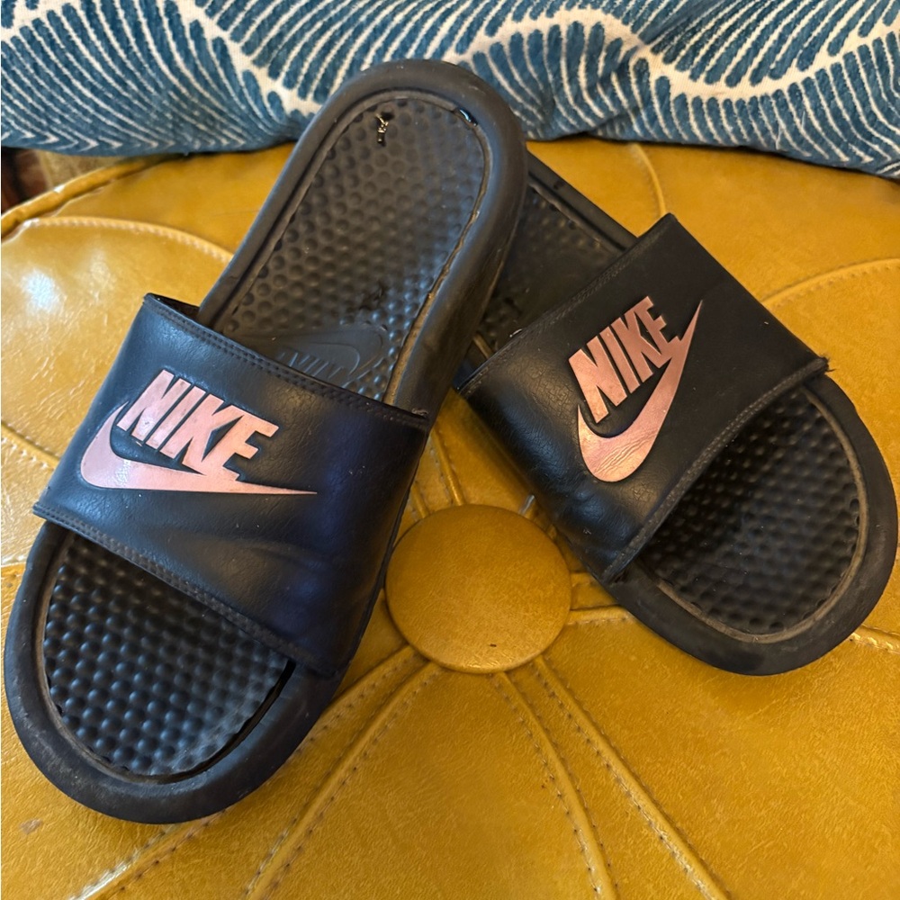 Nike Black Slides with Pink Logo
